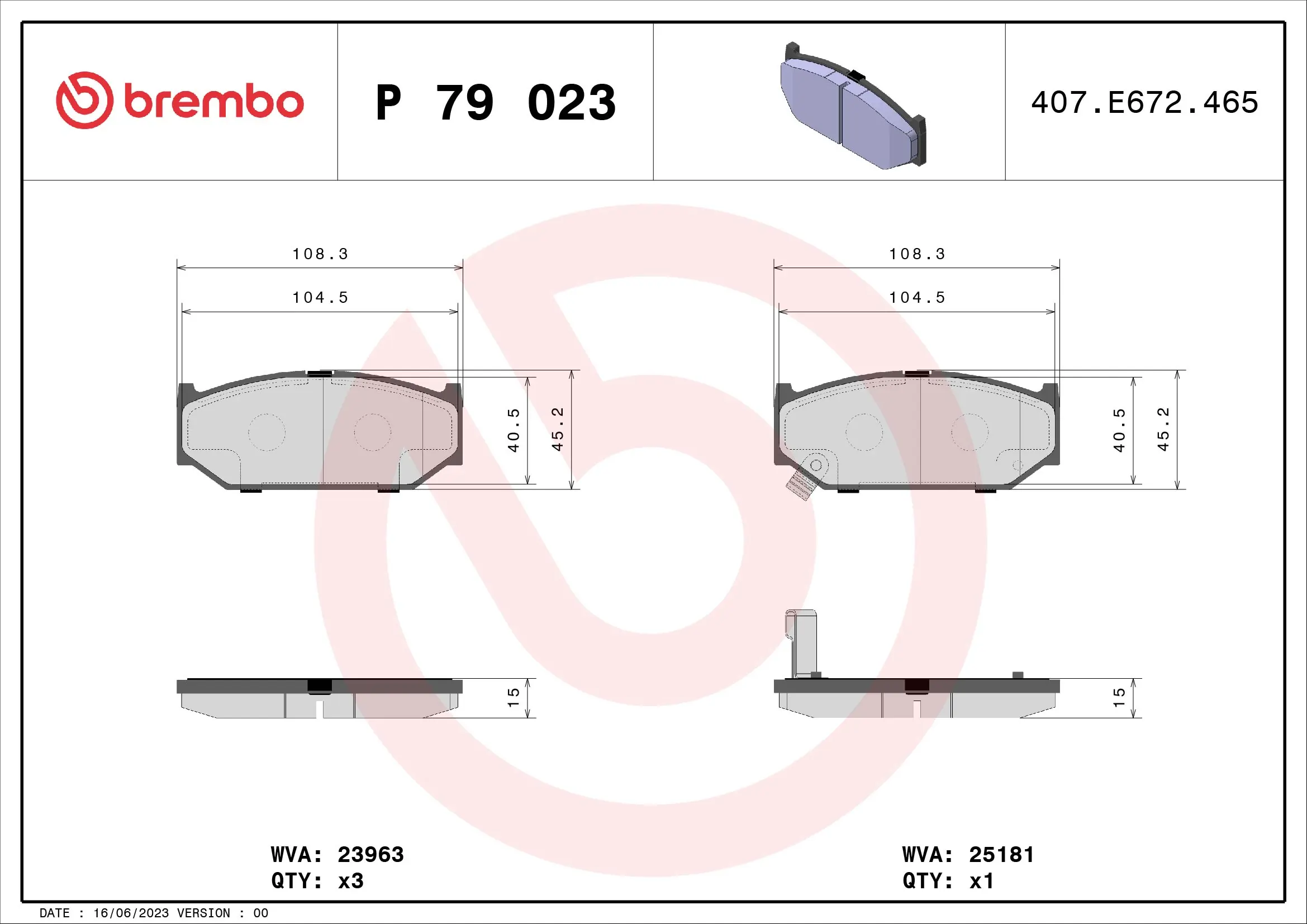 Kit de plaquettes de frein, frein à disque BREMBO P 79 023