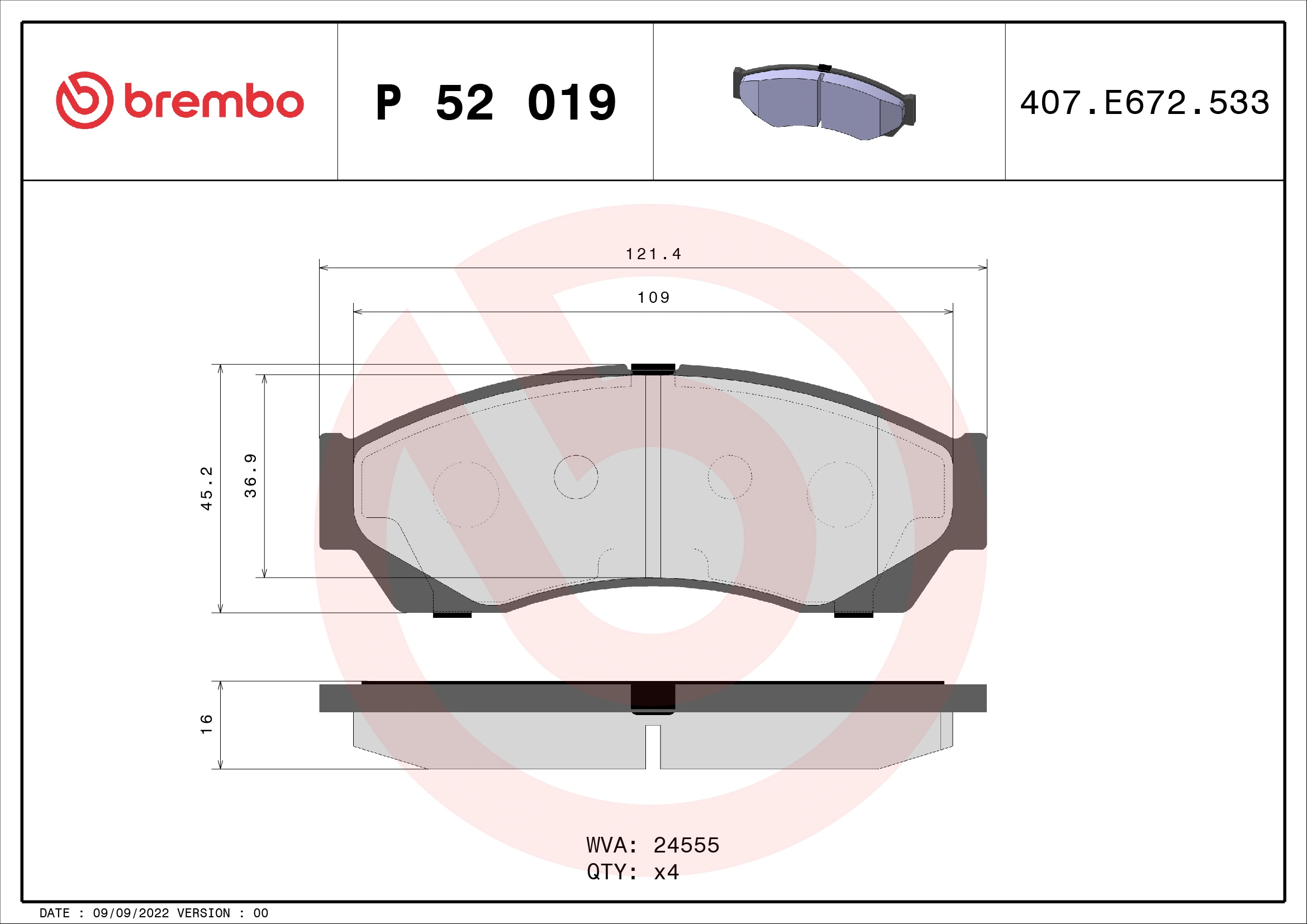 Kit de plaquettes de frein, frein à disque BREMBO P 52 019