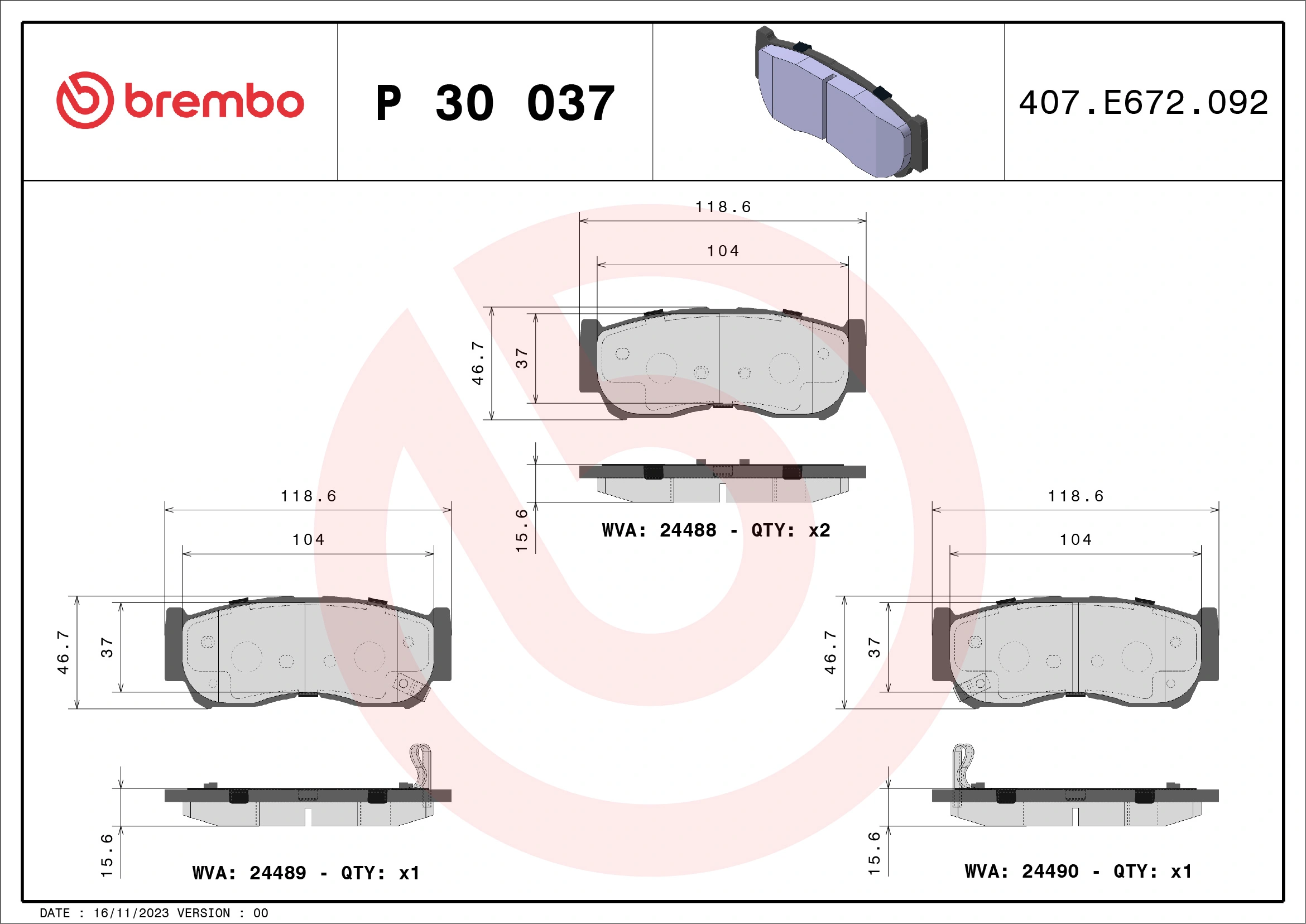 Kit de plaquettes de frein, frein à disque BREMBO P 30 037