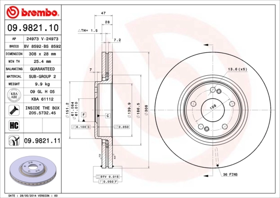 Disque de frein BREMBO 09.9821.11