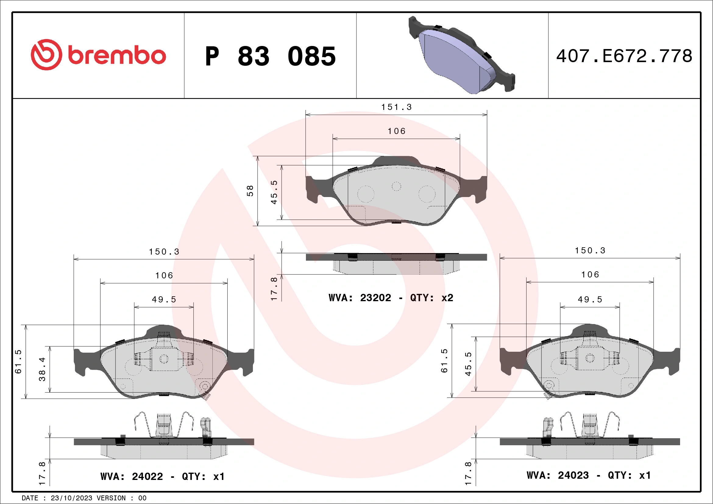 BREMBO P 83 085 — Колодка гальм. диск. передн. (вир-во BREMBO)