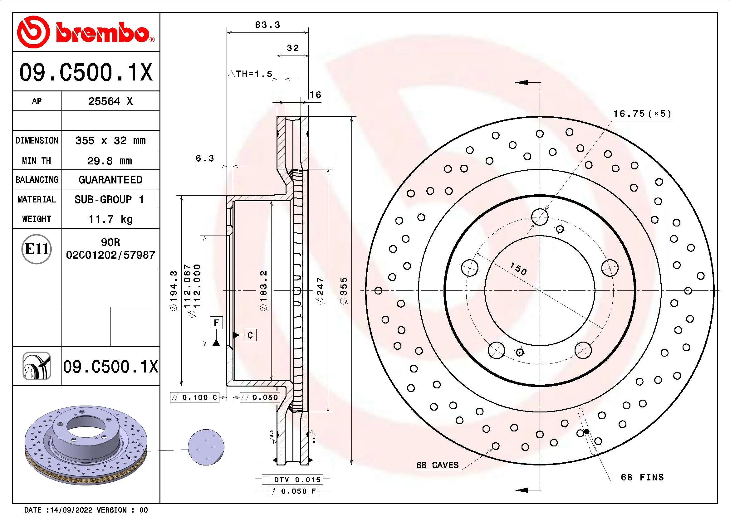 Disque de frein BREMBO 09.C500.1X