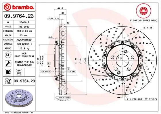 Disque de frein BREMBO 09.9764.23