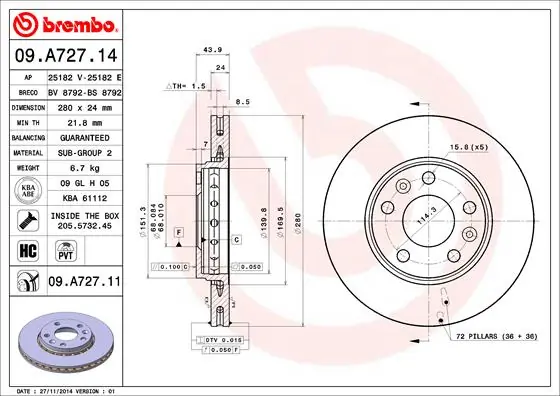 Disque de frein BREMBO 09.A727.11