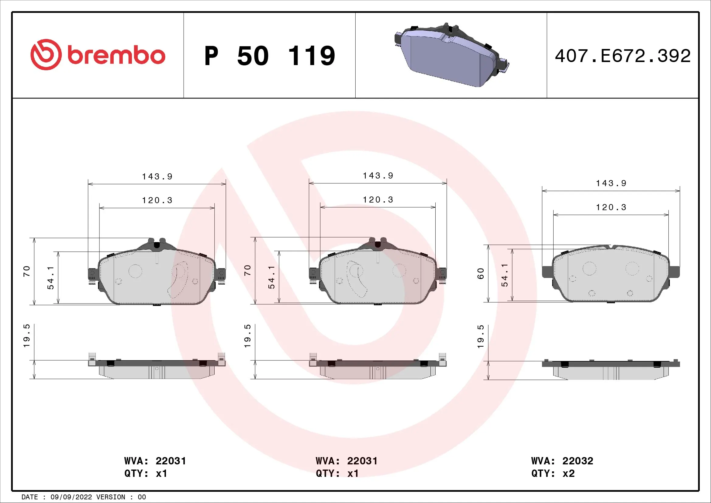 Kit de plaquettes de frein, frein à disque BREMBO P 50 119