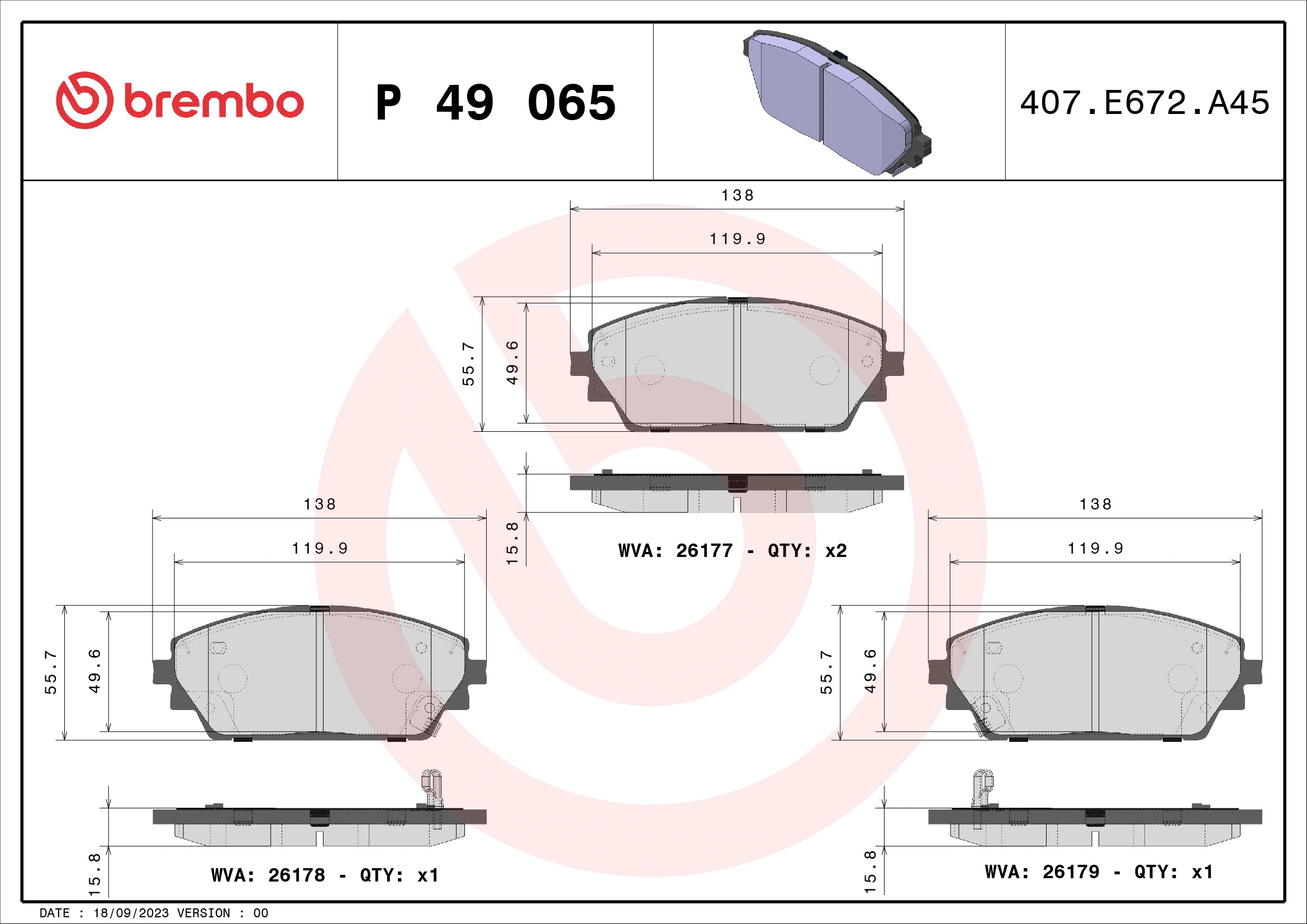 BREMBO P49065 — Колодки гальмівні дискові (комплект 4 шт)
