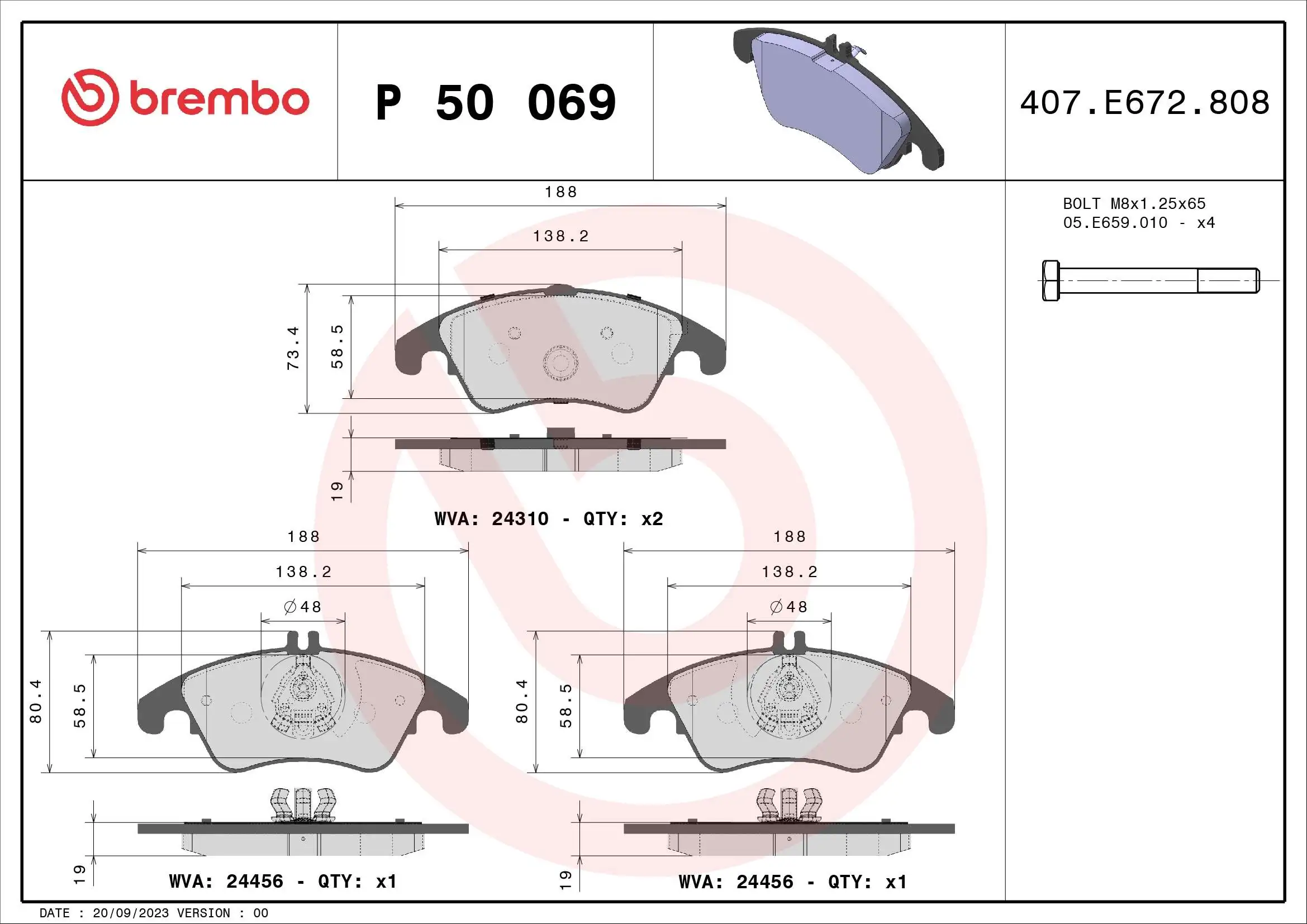 Kit de plaquettes de frein, frein à disque BREMBO P 50 069X