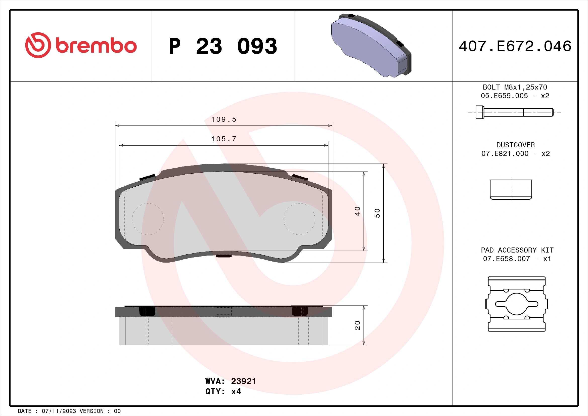 Kit de plaquettes de frein, frein à disque BREMBO P 23 093