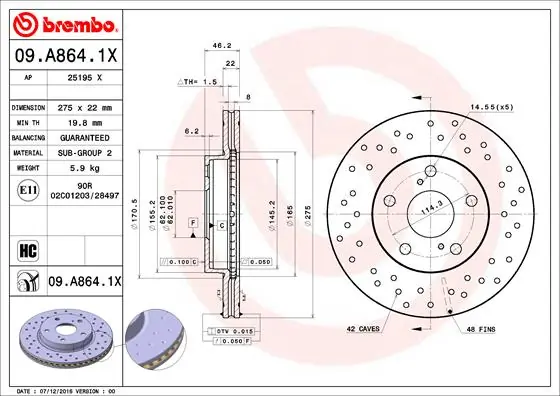 Disque de frein BREMBO 09.A864.1X