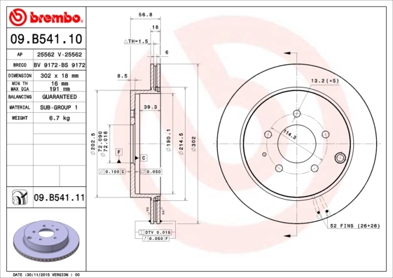 Disque de frein BREMBO 09.B541.11