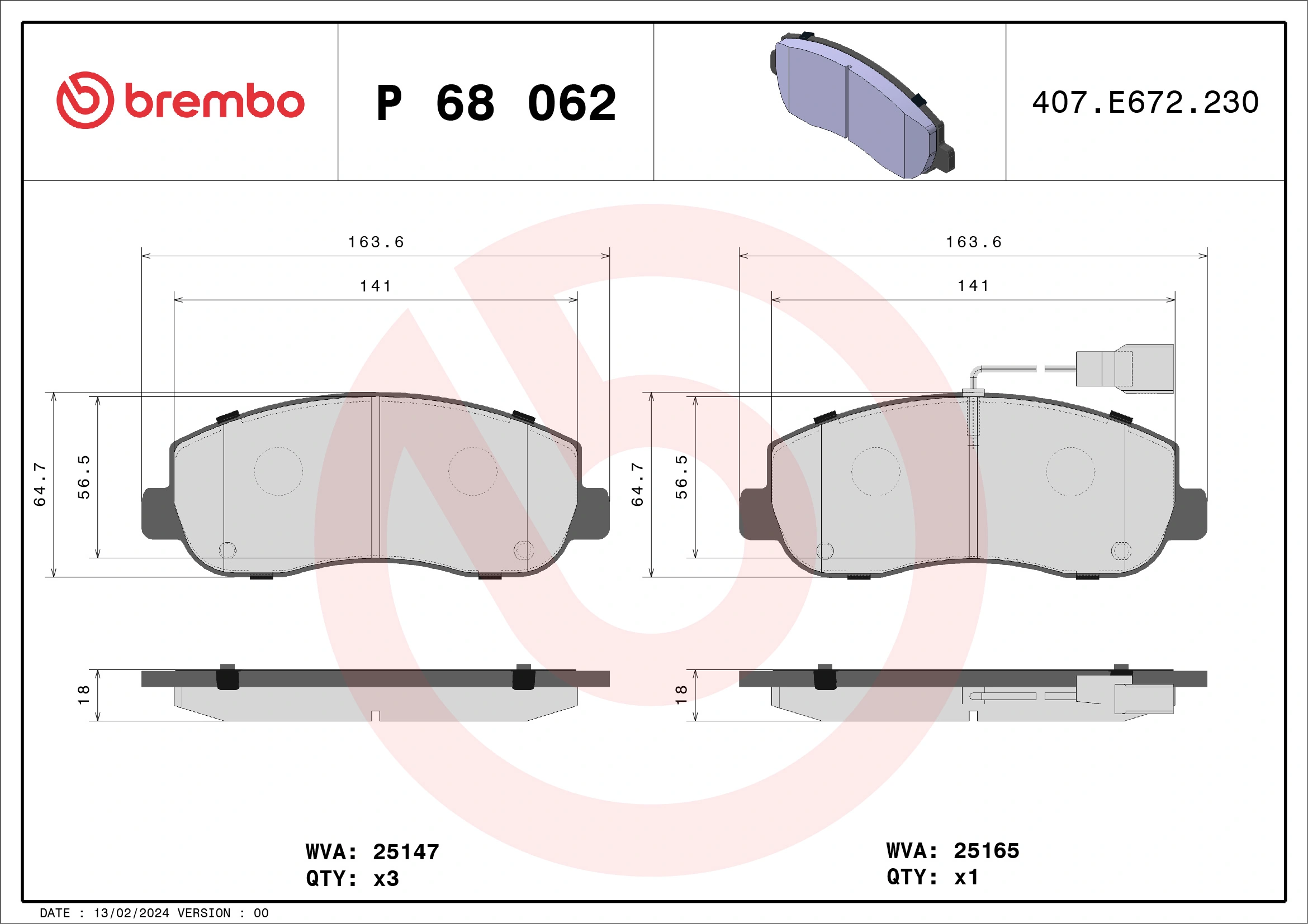 Kit de plaquettes de frein, frein à disque BREMBO P 68 062