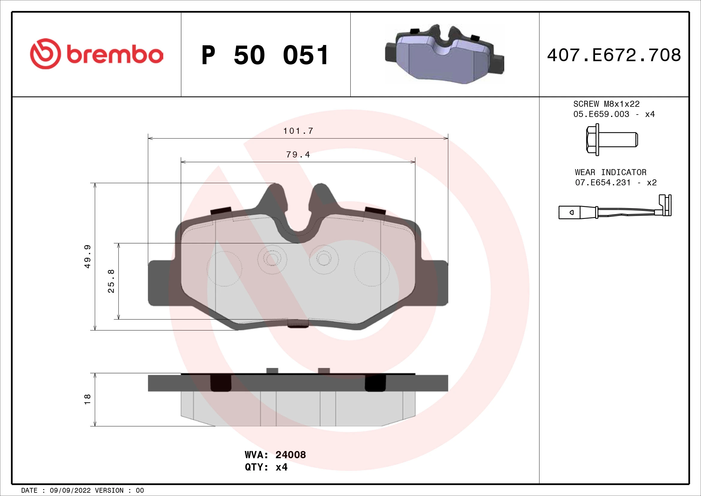 Kit de plaquettes de frein, frein à disque BREMBO P 50 051