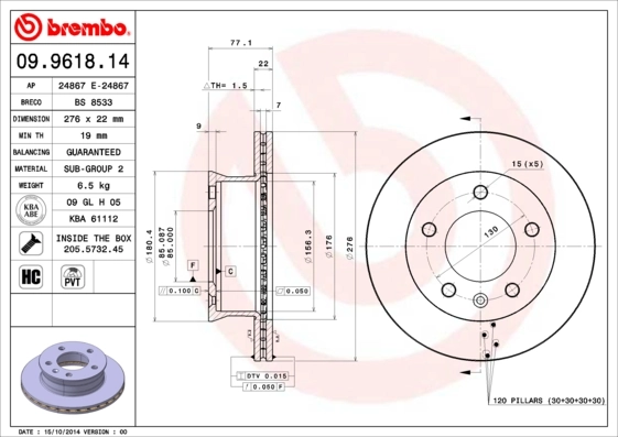 Disque de frein BREMBO 09.9618.14