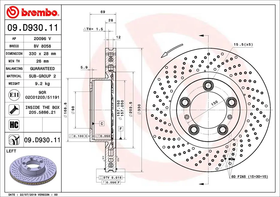 Disque de frein BREMBO 09.D930.11