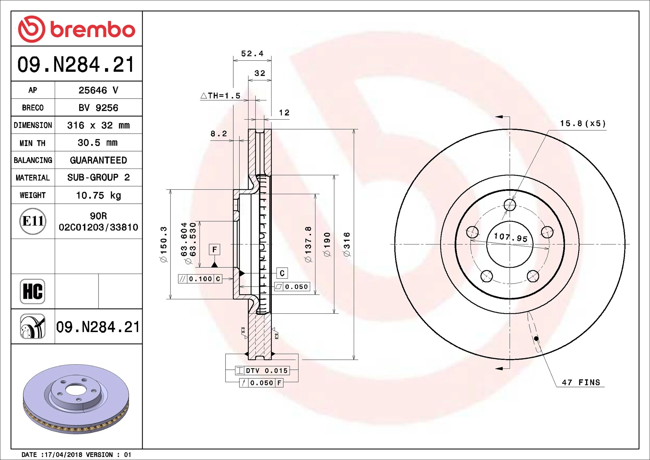 BREMBO 09.N284.21 — Диск гальмівний