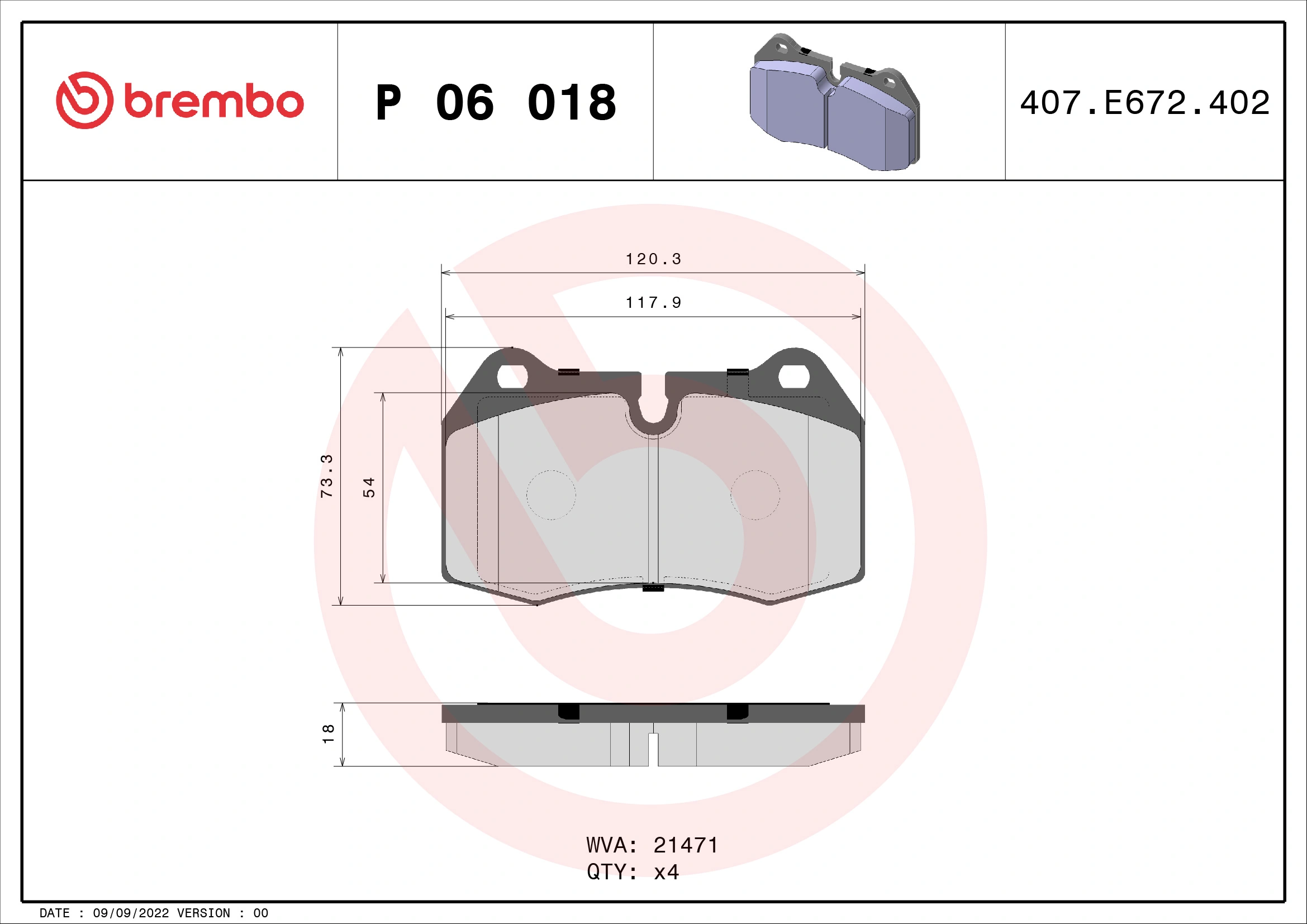 Kit de plaquettes de frein, frein à disque BREMBO P 06 018