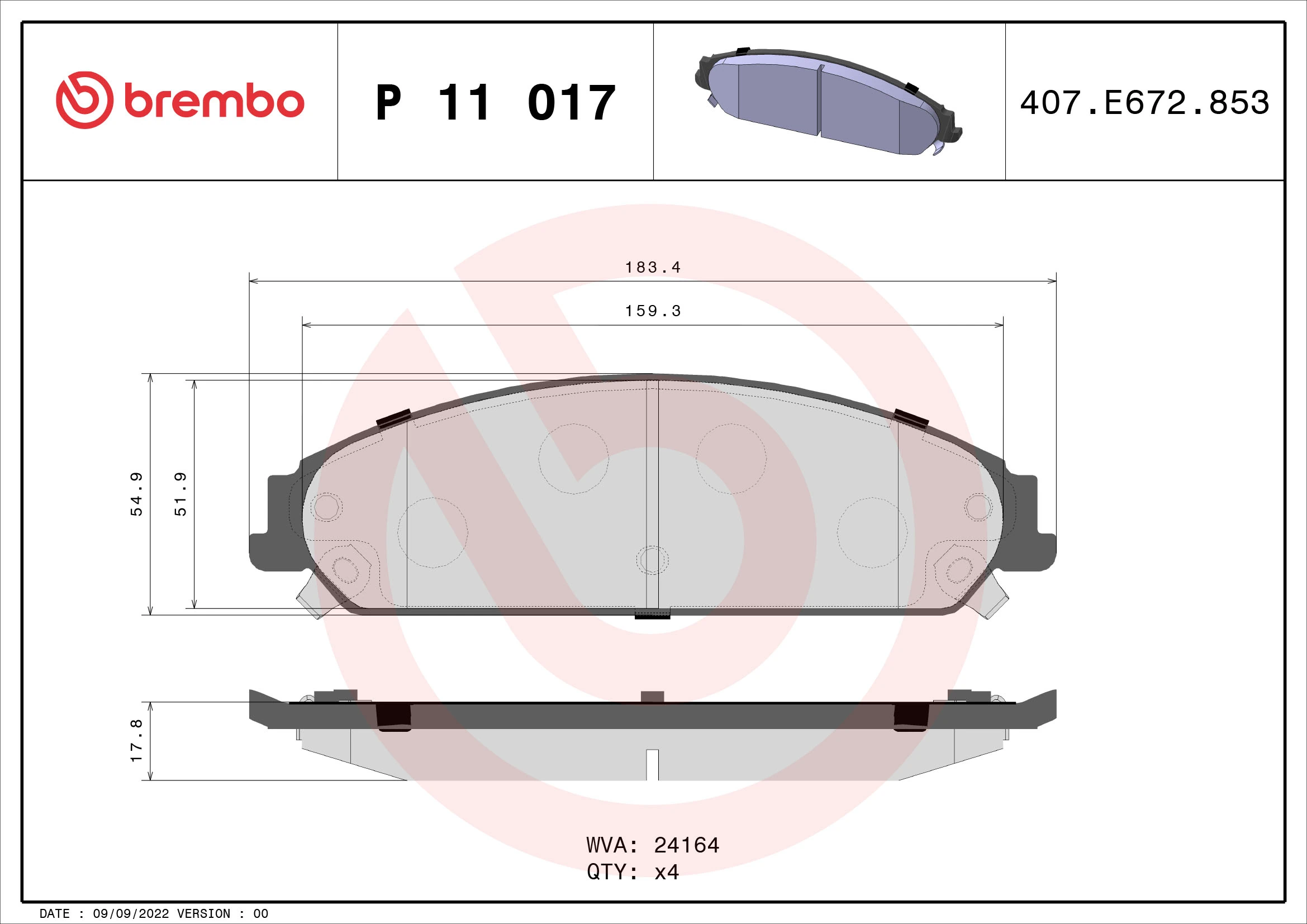 Kit de plaquettes de frein, frein à disque BREMBO P 11 017