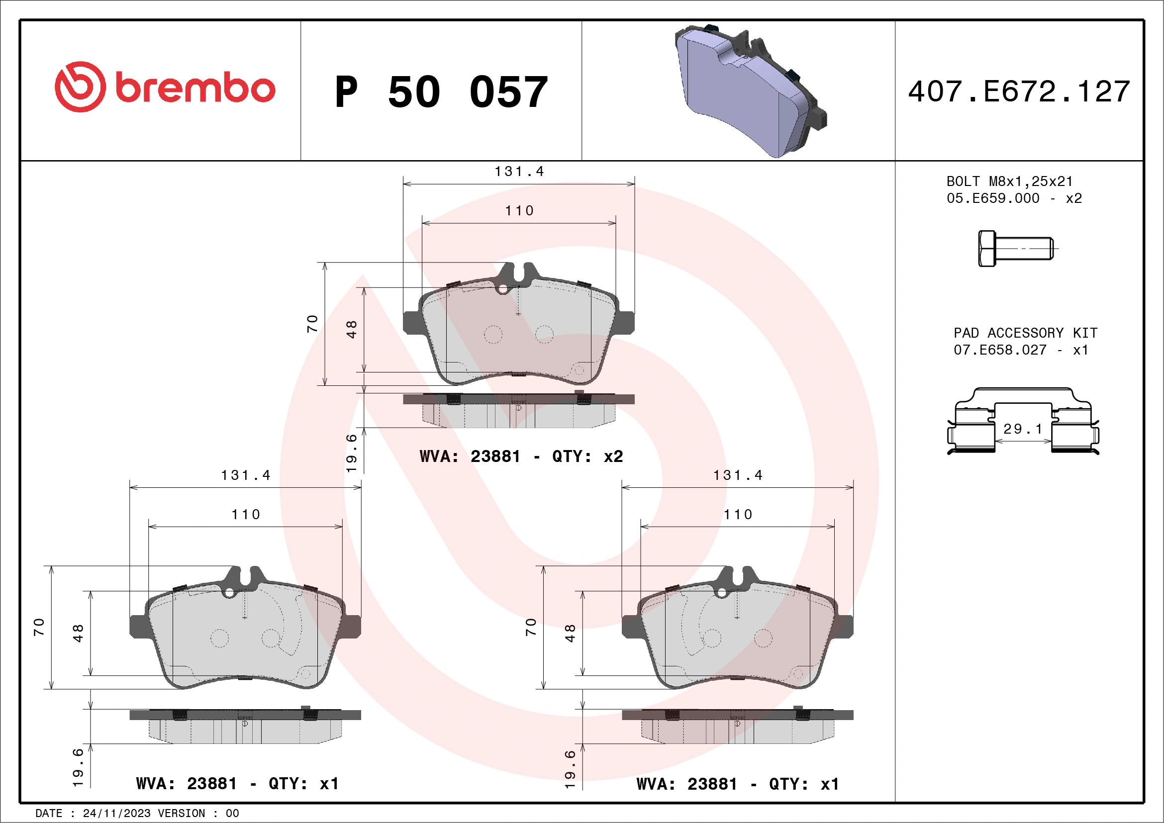 BREMBO P50057 — Колодки гальмівні дискові