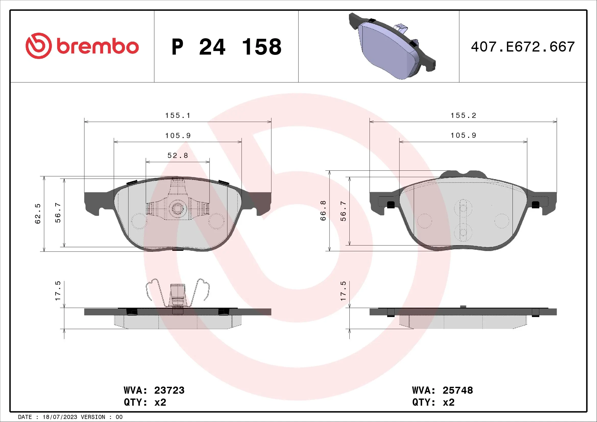Kit de plaquettes de frein, frein à disque BREMBO P 24 158
