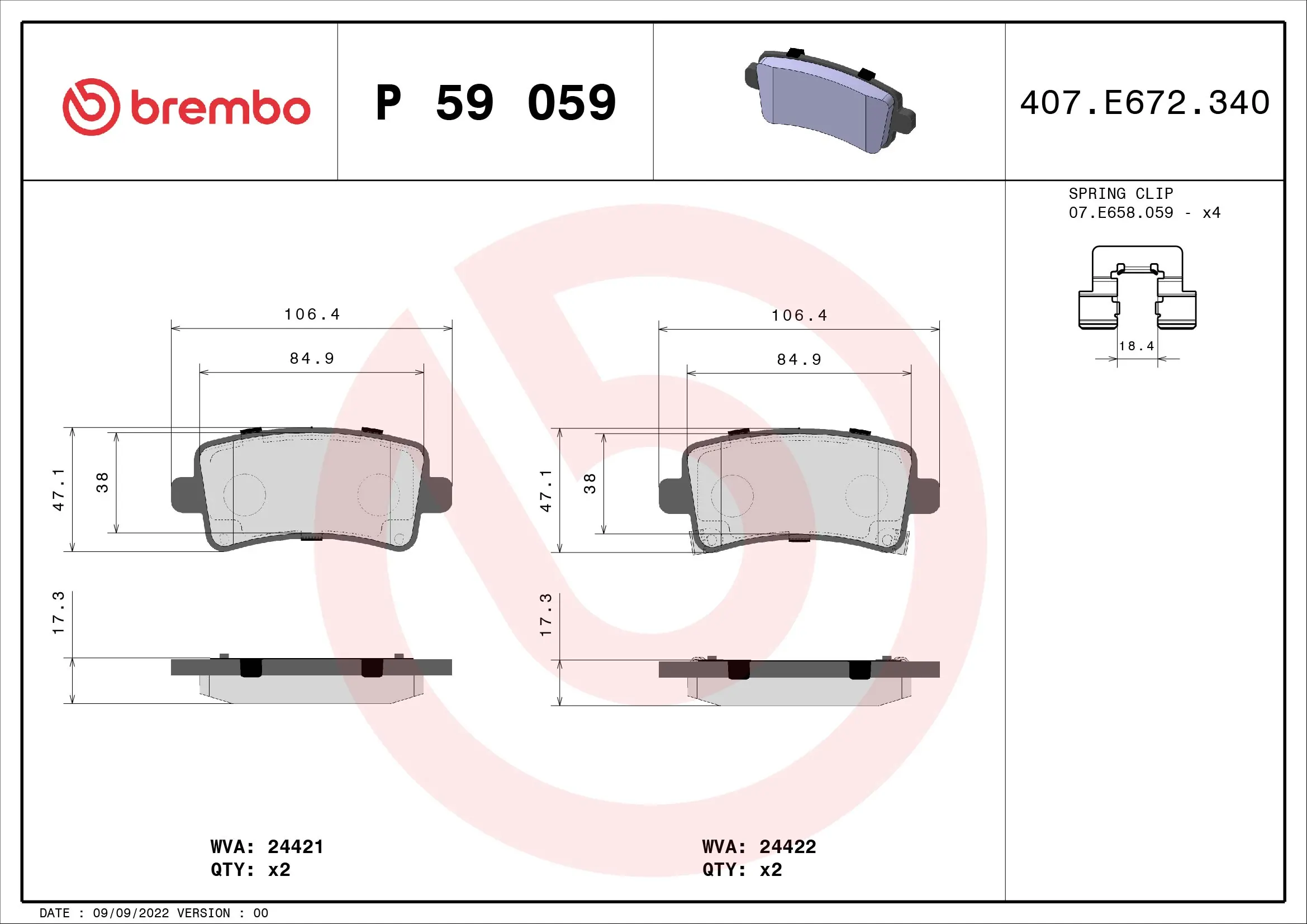 Kit de plaquettes de frein, frein à disque BREMBO P 59 059