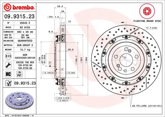 Disque de frein BREMBO 09.9315.23