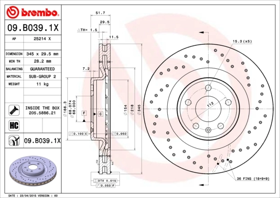 Disque de frein BREMBO 09.B039.1X