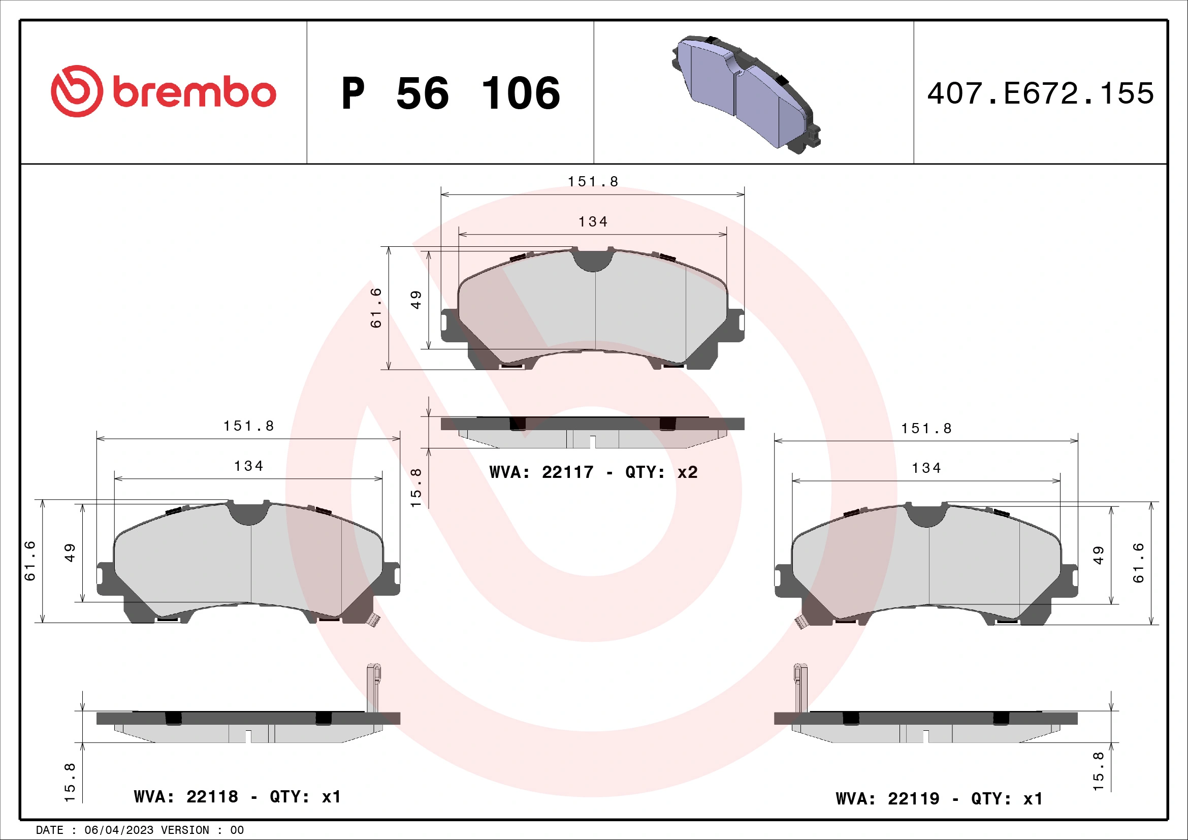 BREMBO P56106 — Колодки гальмівні дискові (комплект 4 шт)