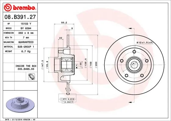BREMBO 08.B391.27 — Диск гальмівний