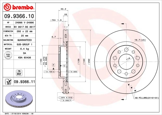 Disque de frein BREMBO 09.9366.11