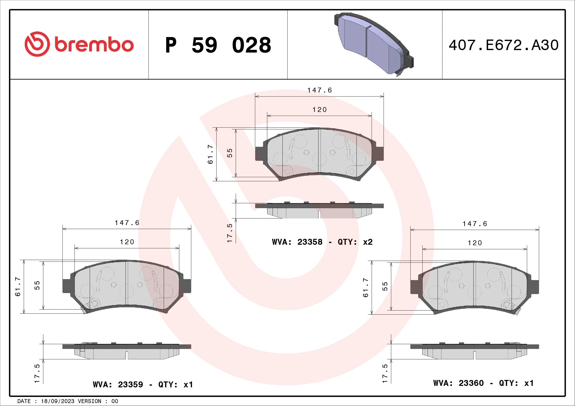 Kit de plaquettes de frein, frein à disque BREMBO P 59 028