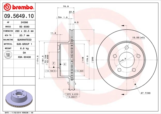 Disque de frein BREMBO 09.5649.10