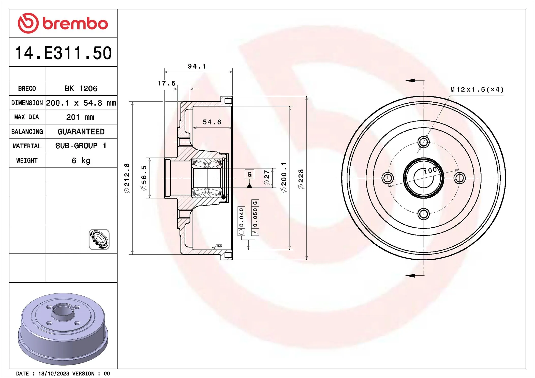 Tambour de frein BREMBO 14.E311.50