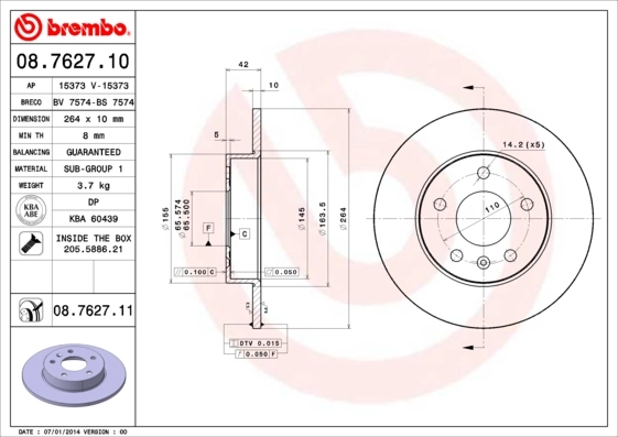Disque de frein BREMBO 08.7627.11