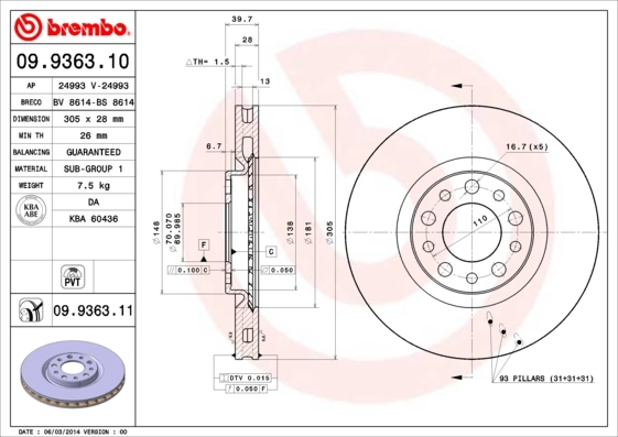 Disque de frein BREMBO 09.9363.11