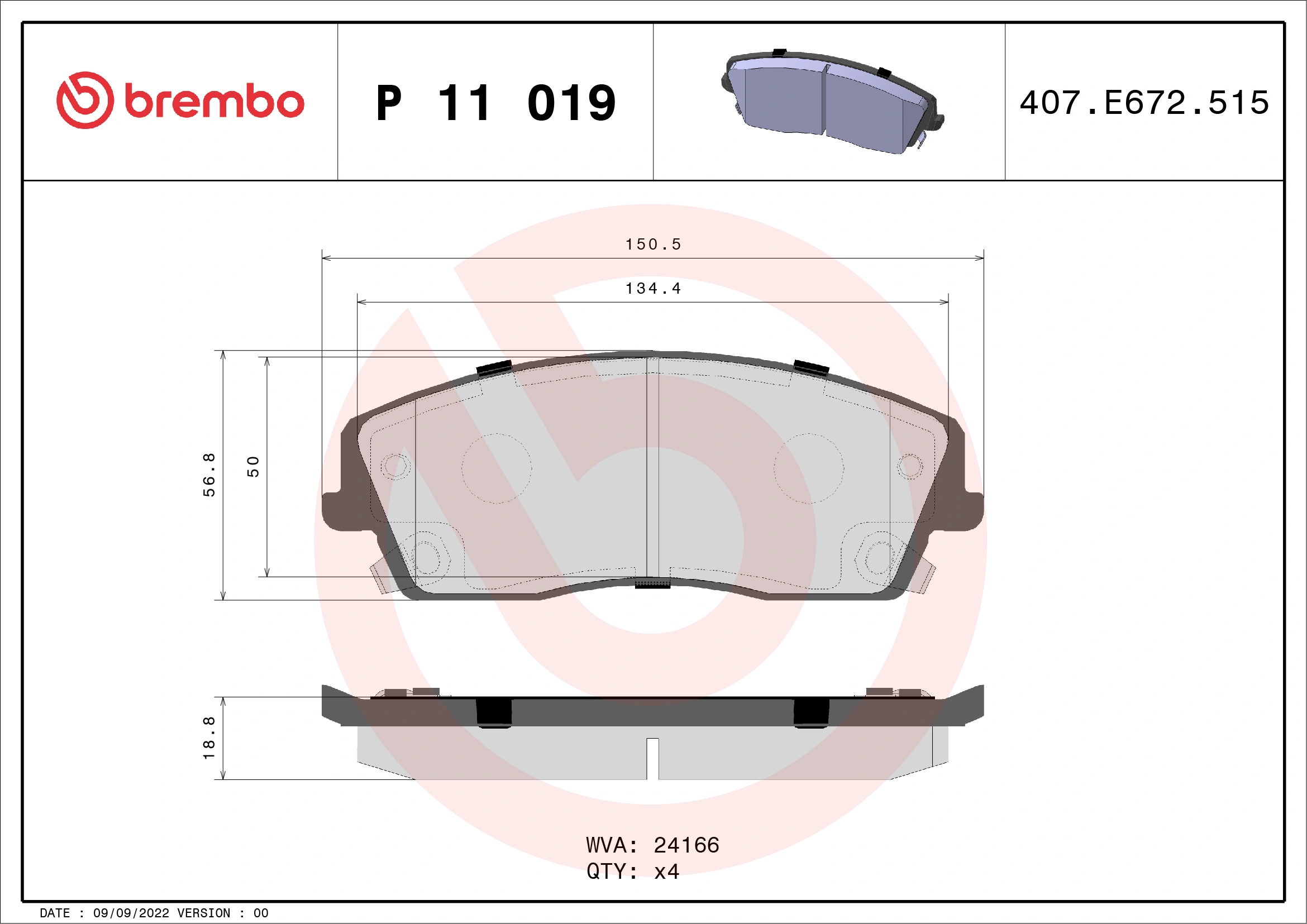 Kit de plaquettes de frein, frein à disque BREMBO P 11 019