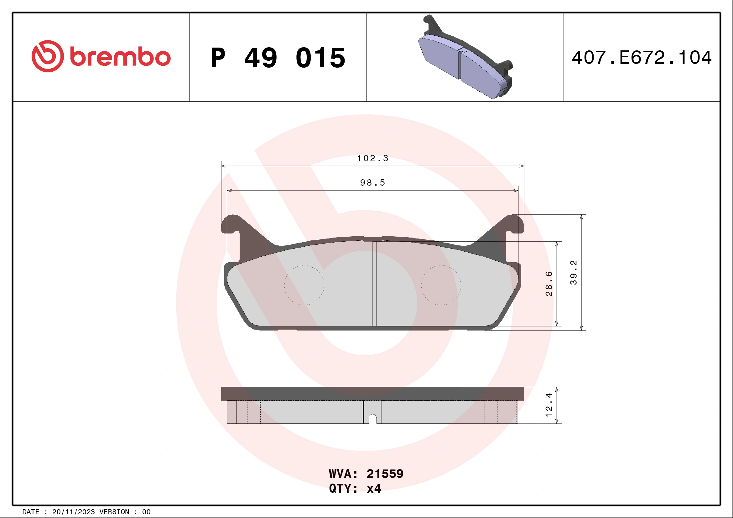 Kit de plaquettes de frein, frein à disque BREMBO P 49 015