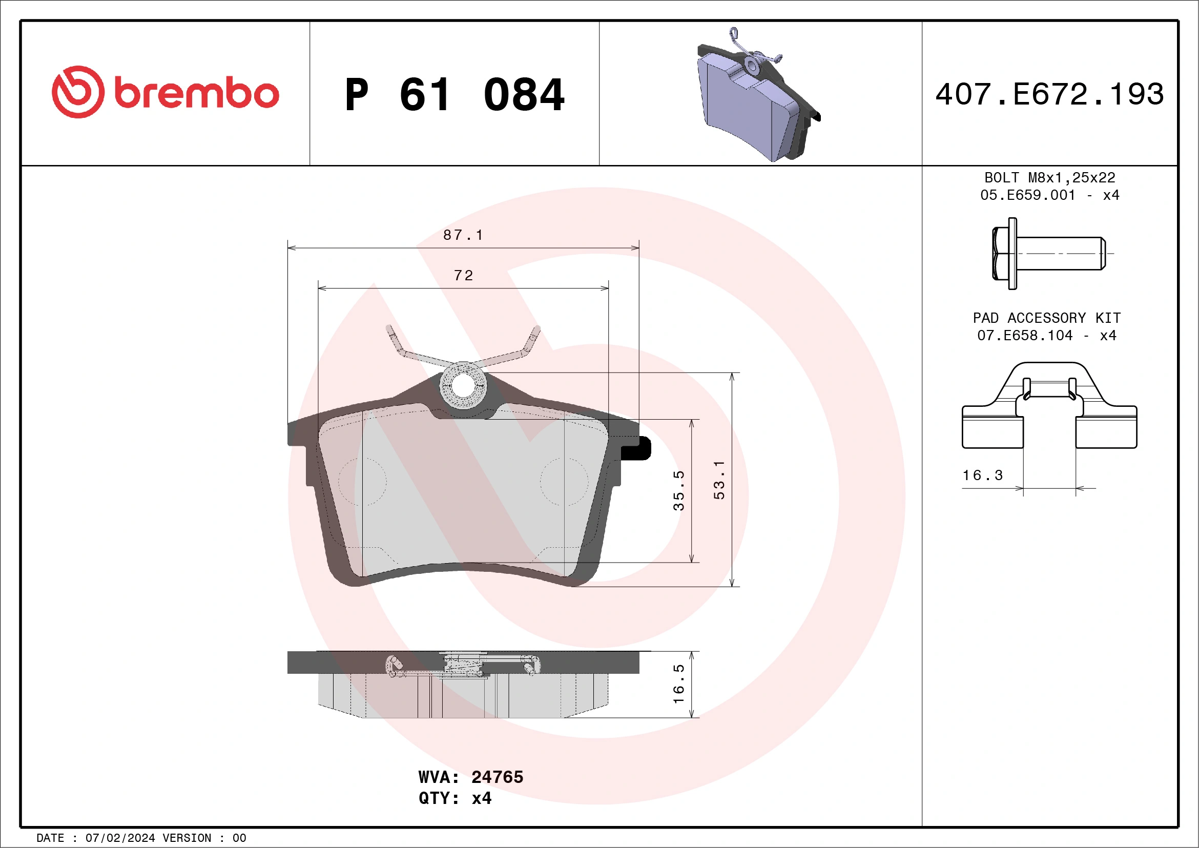 Kit de plaquettes de frein, frein à disque BREMBO P 61 084
