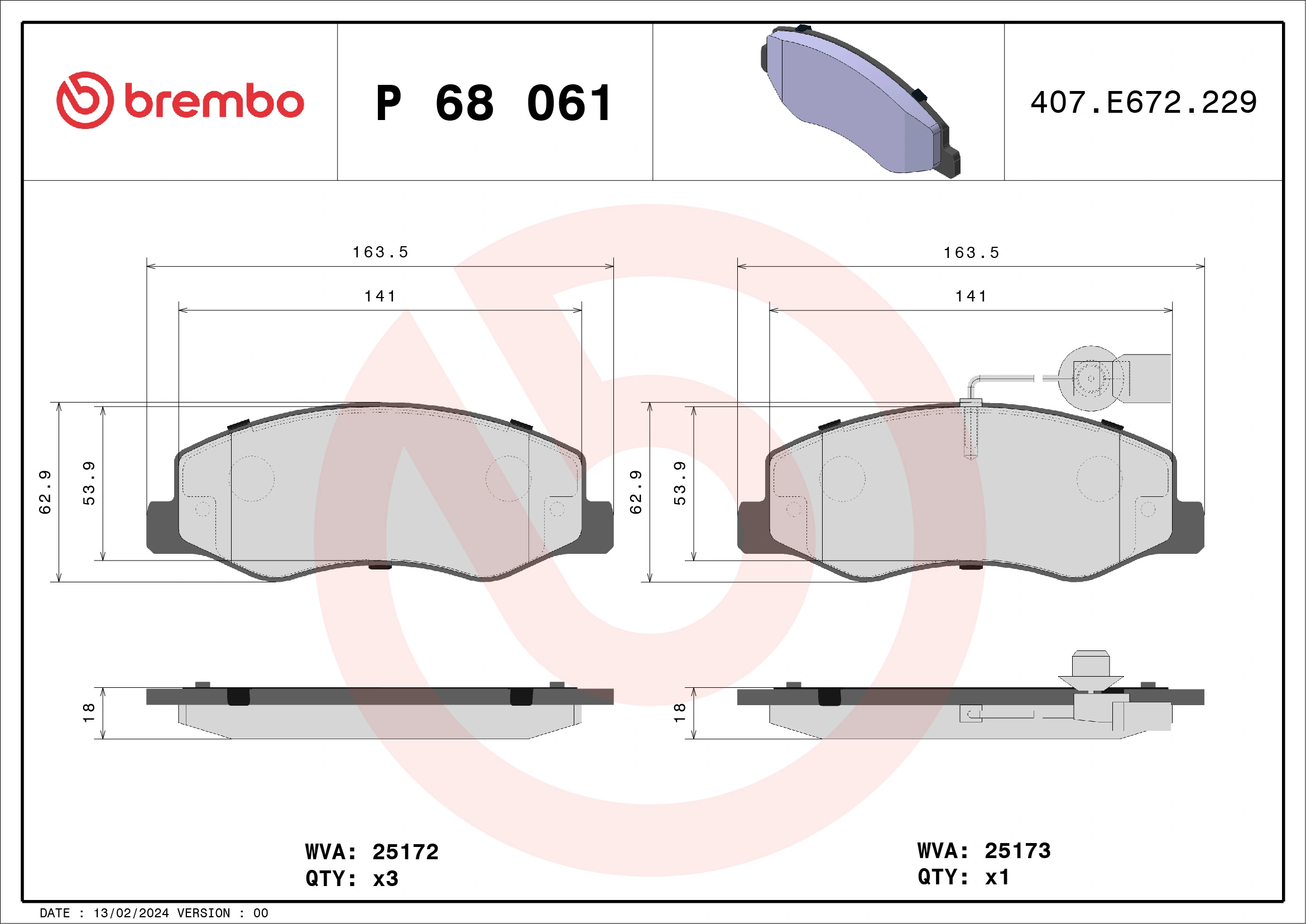 BREMBO P68061 — Колодки гальмівні дискові (комплект 4 шт)