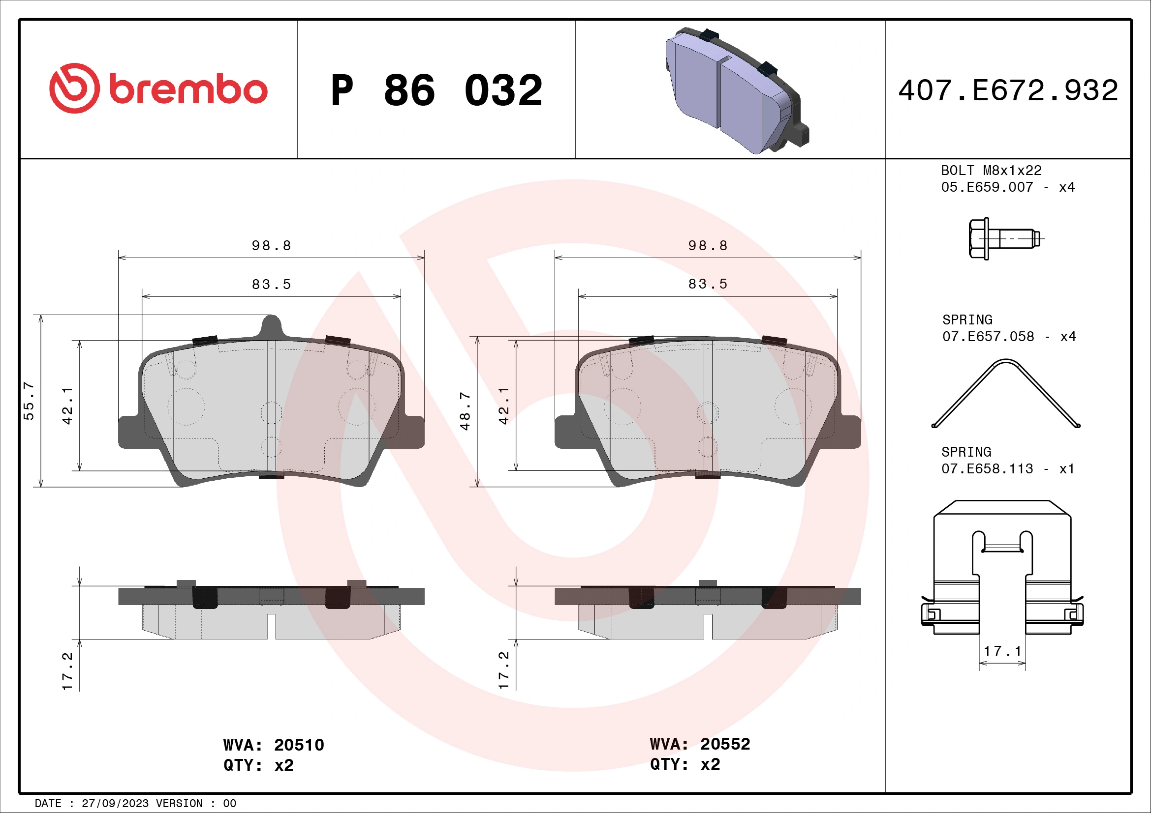 Kit de plaquettes de frein, frein à disque BREMBO P 86 032