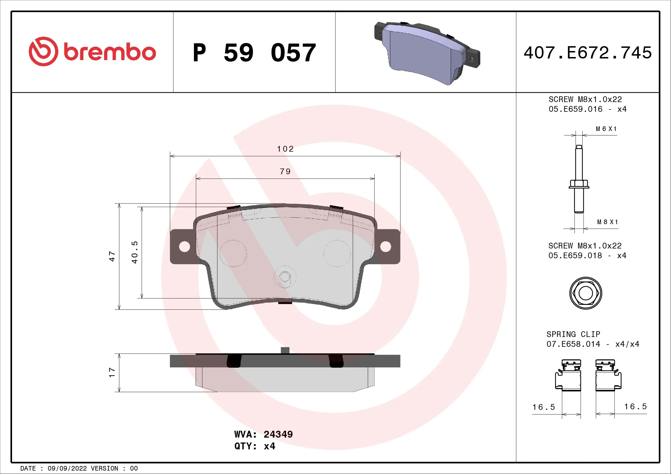Kit de plaquettes de frein, frein à disque BREMBO P 59 057