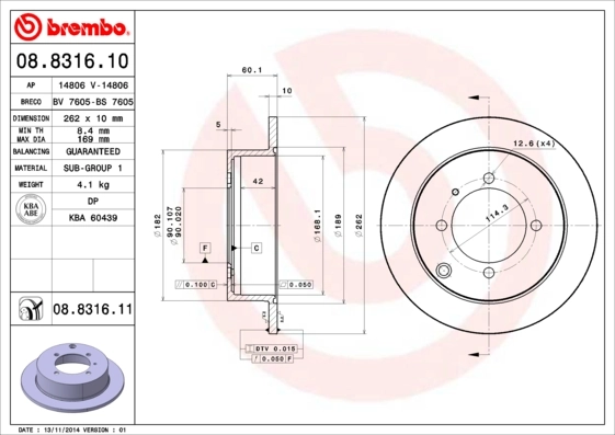 BREMBO 08.8316.10 — Диск гальмівний MITSUBISHI GALANT, SPACE WAGON задн. (вир-во BREMBO)