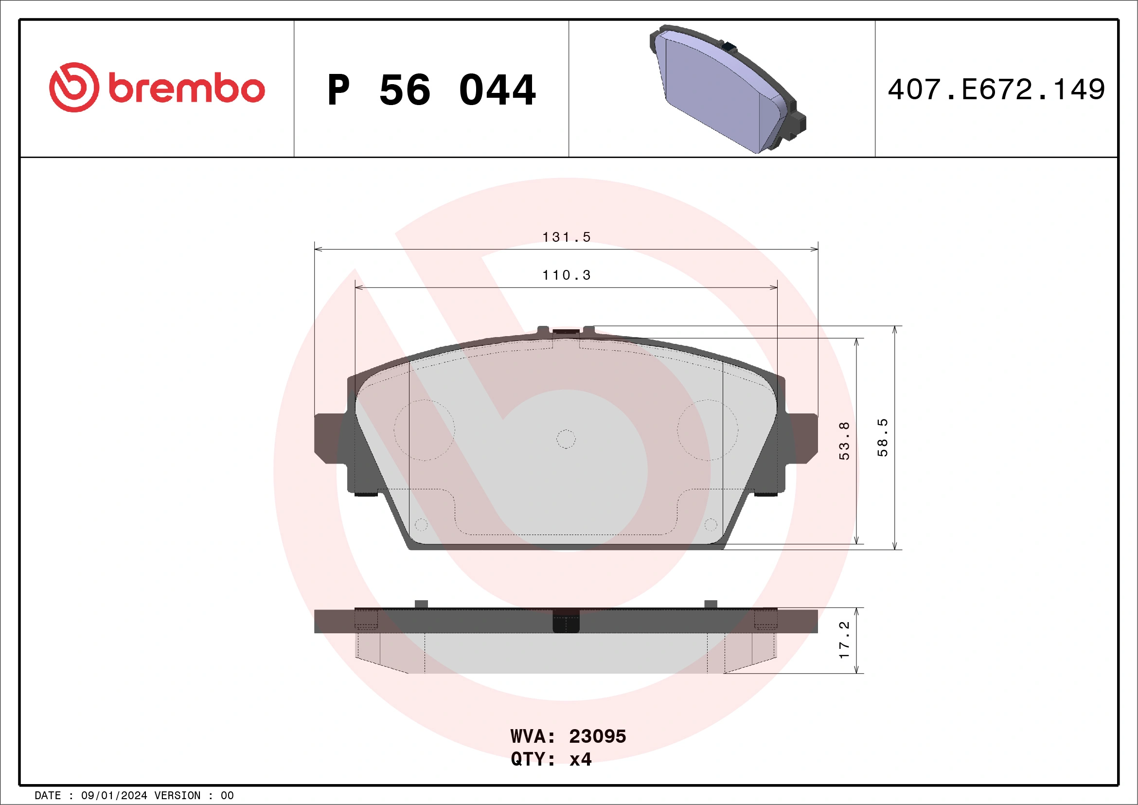 Kit de plaquettes de frein, frein à disque BREMBO P 56 044