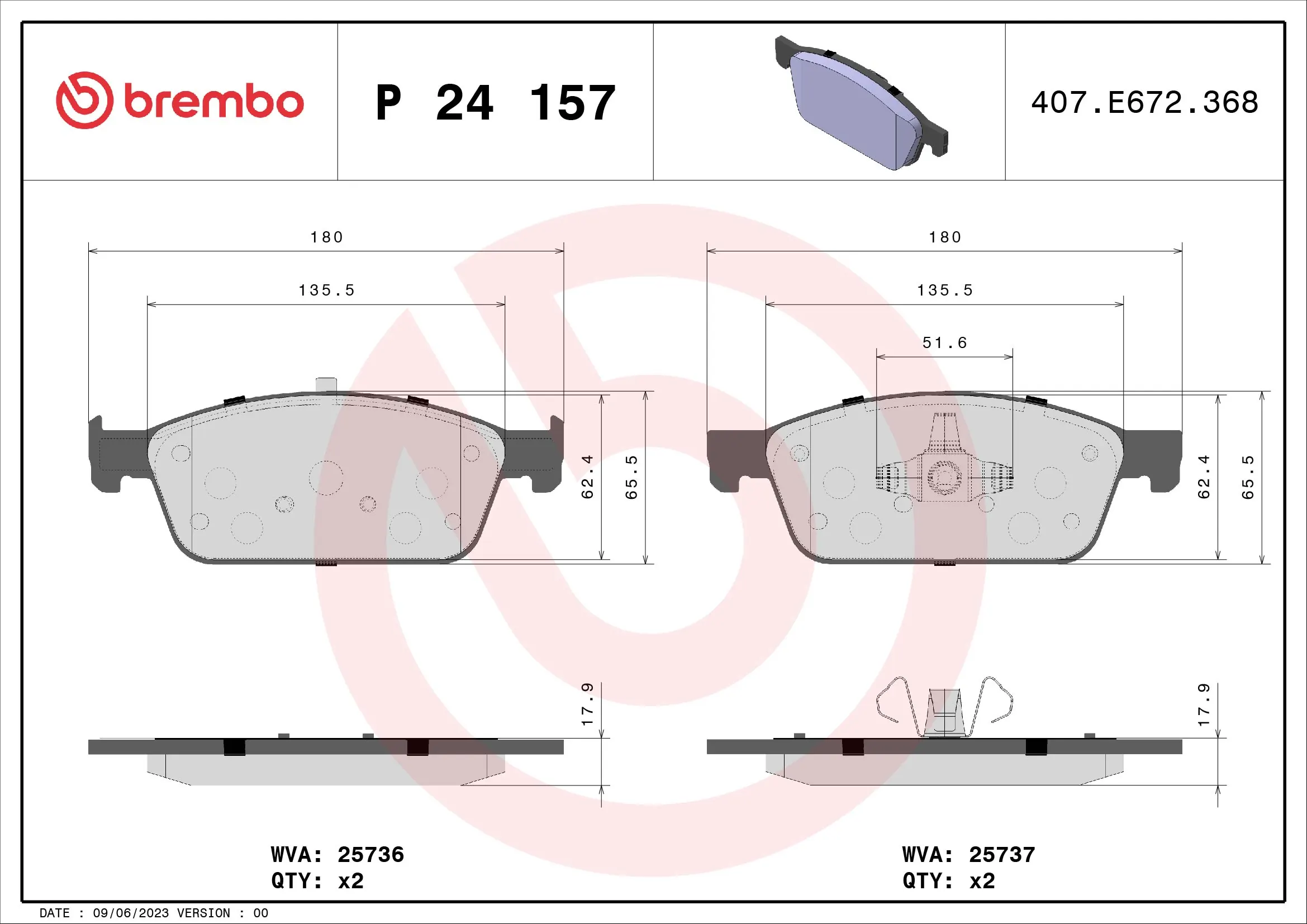 BREMBO P 24 157 — Колодка гальм. диск. FORD FOCUS III Sedan/Tourier (04/11-) передн. (вир-во BREMBO)