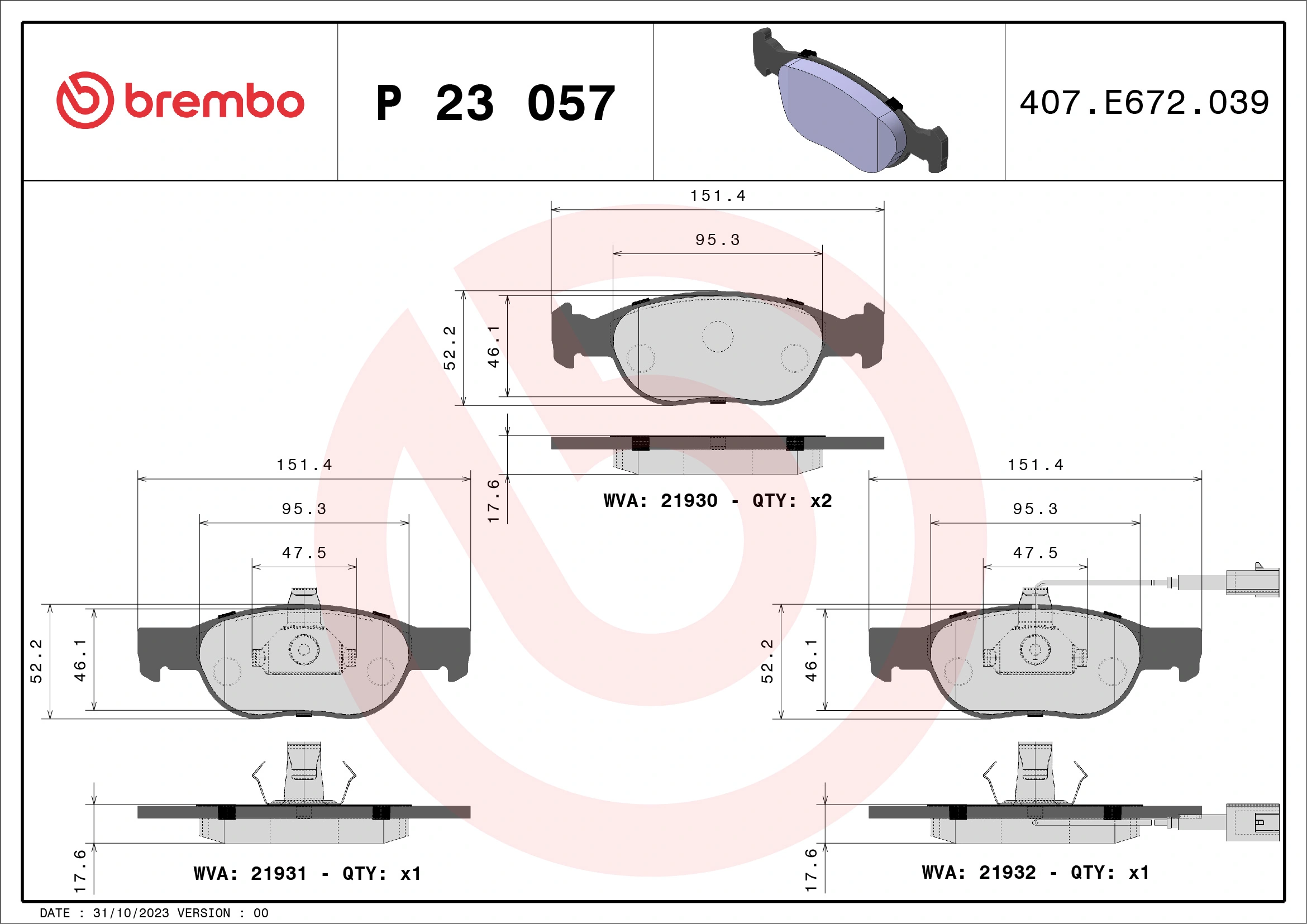 Kit de plaquettes de frein, frein à disque BREMBO P 23 057