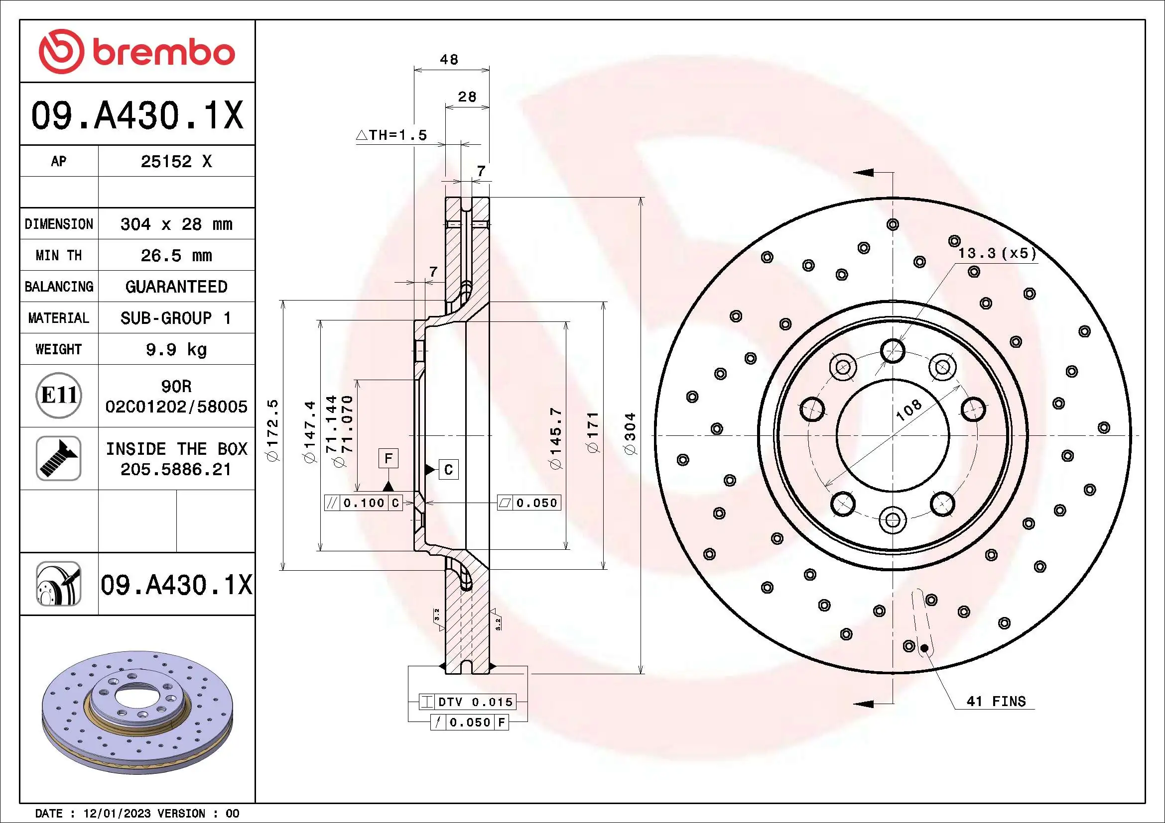Disque de frein BREMBO 09.A430.1X