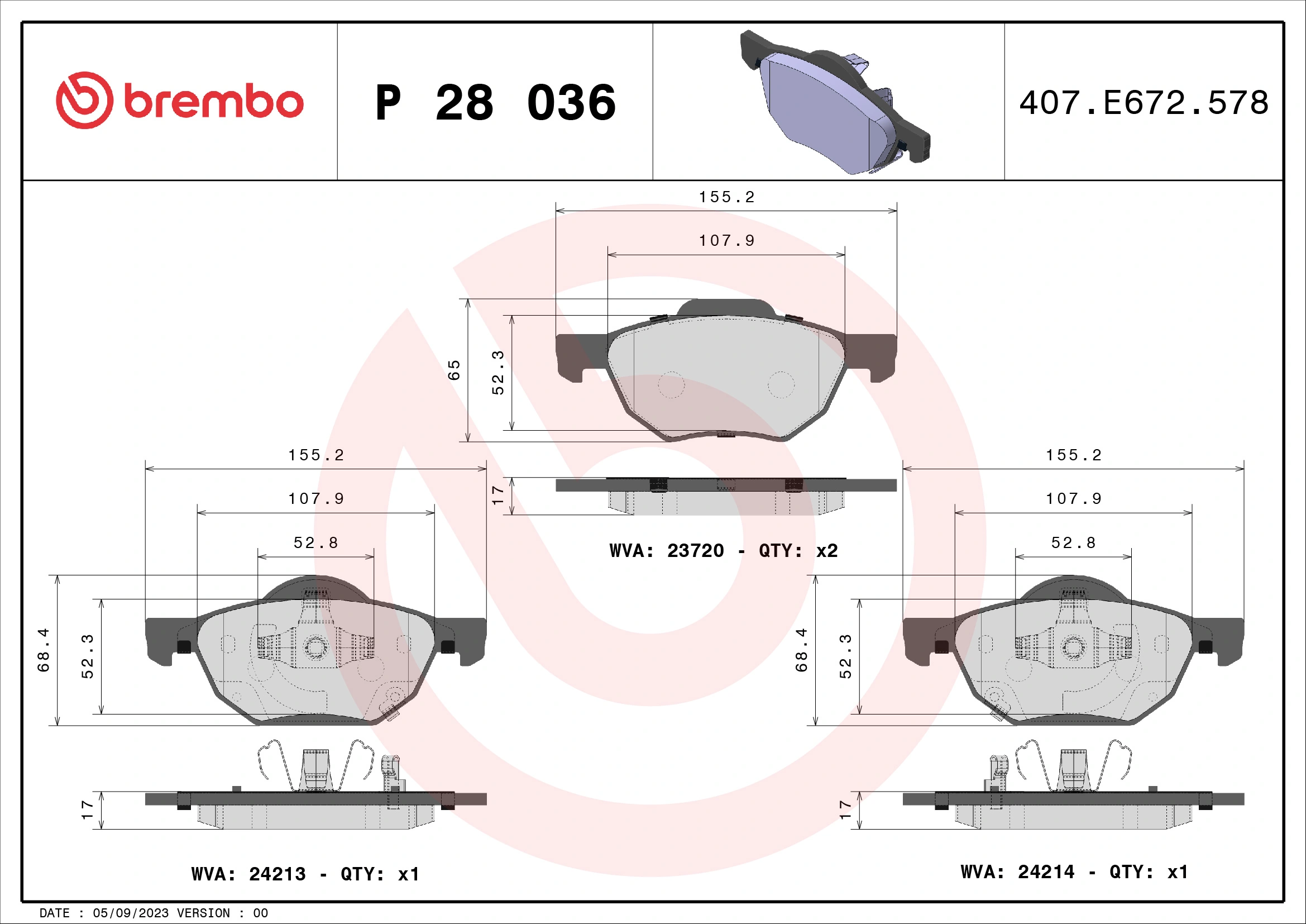 Kit de plaquettes de frein, frein à disque BREMBO P 28 036