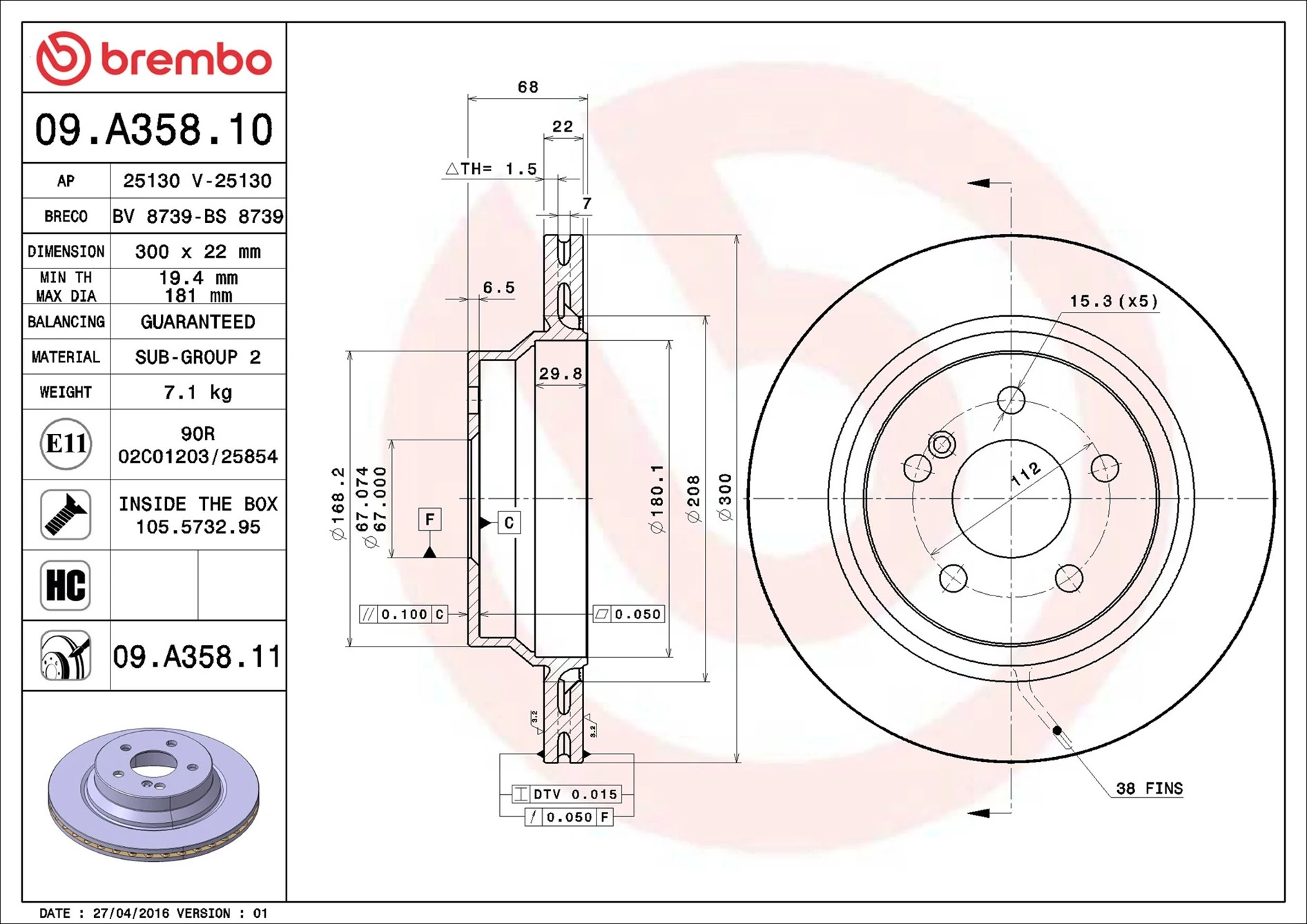 Disque de frein BREMBO 09.A358.11