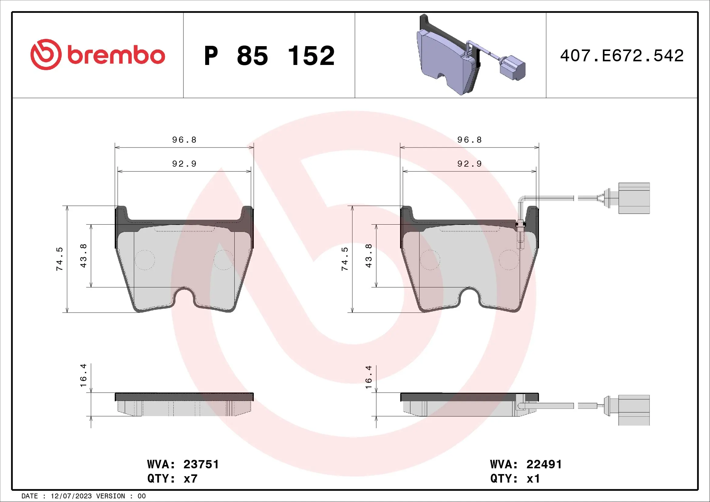 Kit de plaquettes de frein, frein à disque BREMBO P 85 152X