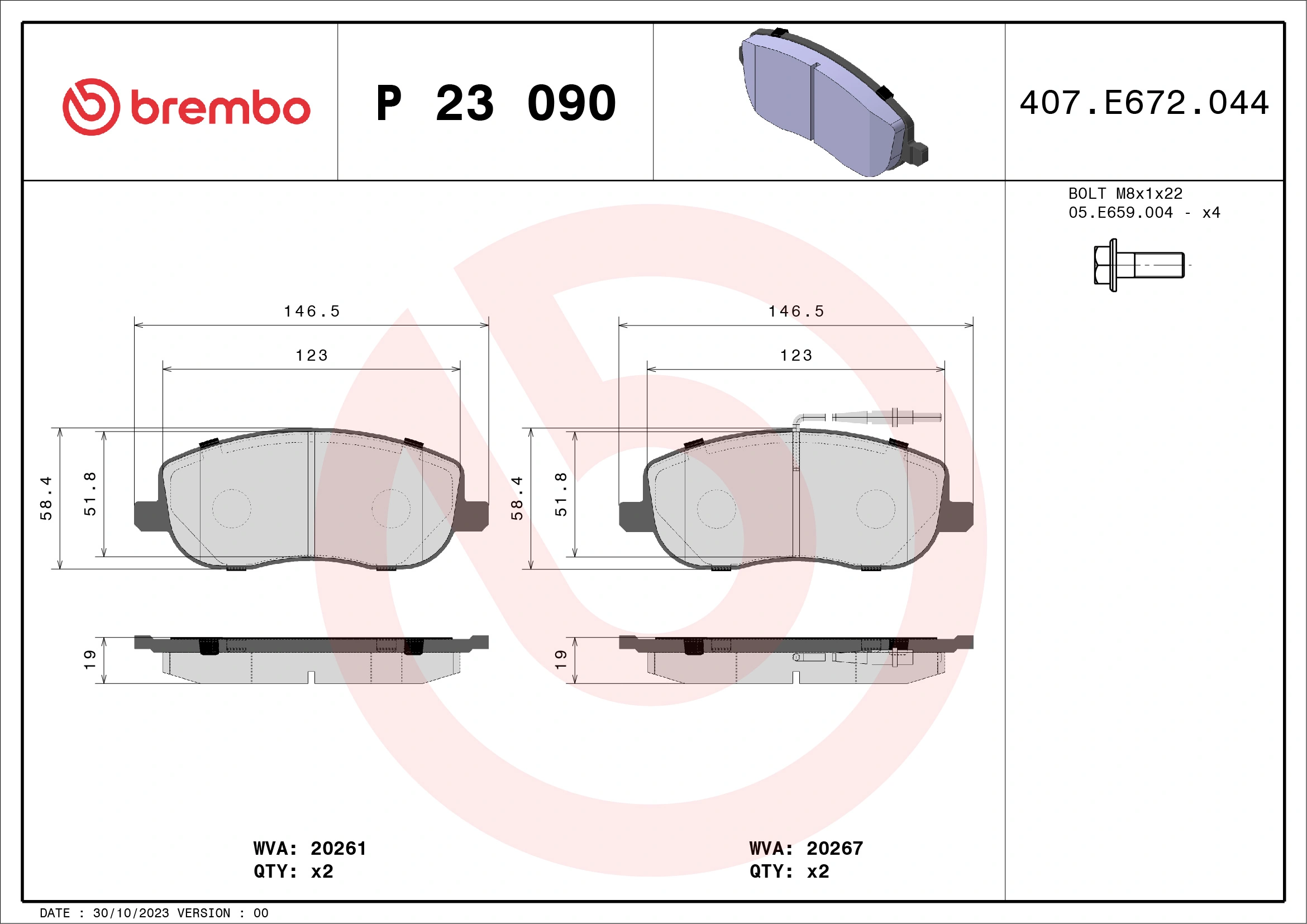 Kit de plaquettes de frein, frein à disque BREMBO P 23 090