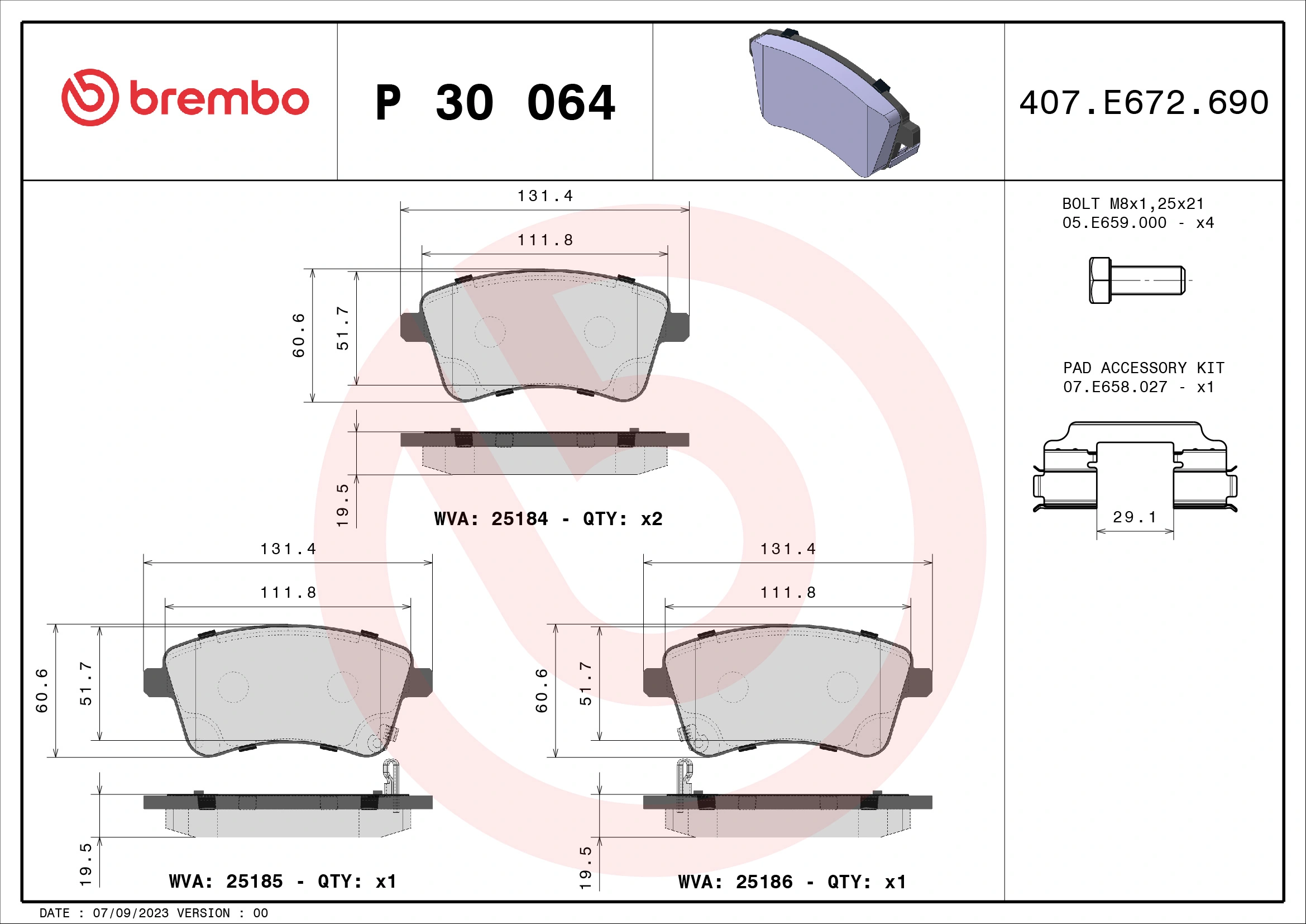 Kit de plaquettes de frein, frein à disque BREMBO P 30 064